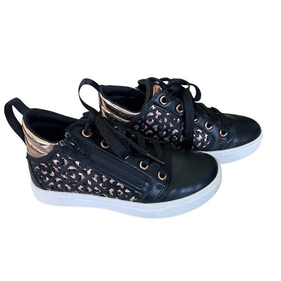 Skechers Faux Leather Geometric Design Side Zip High Top Sneakers Black Gold 13 - Picture 2 of 7